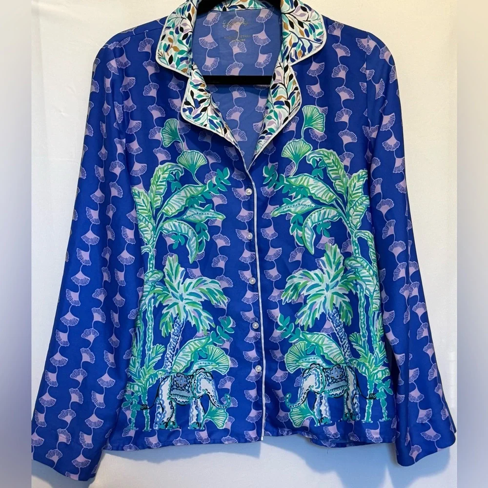 Lilly‎ Pulitzer PJ Satin Long Sleeve Top Blue Grotto Sz small